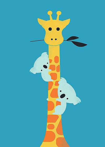 An illustration of a giraffe with a leafed twig in its mouth. Two koalas climb up its neck. Set against a blue background.