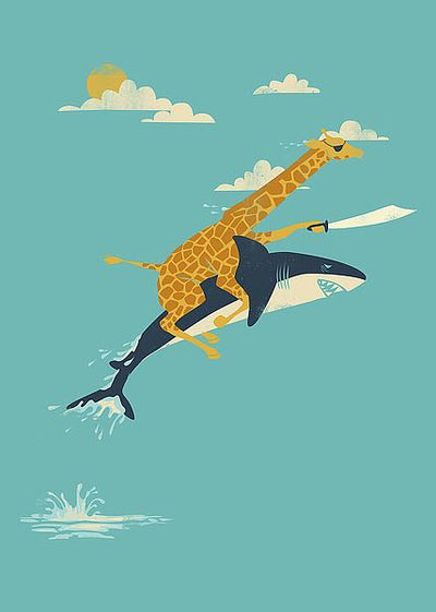 An illustration of a giraffe with an eyepatch and cutlass rides a shark. The pair leap out of the water, the giraffe's cutlass outstretched forward. 