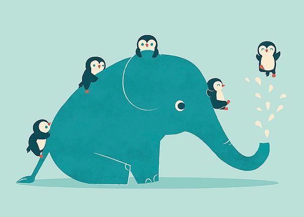 ﻿An illustration of baby penguins climbing up the back of a baby elephant and sliding down its trunk. The penguins get shot up by water from the elephant&