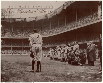 A sepia photo print of the baseball player Babe Ruth (#3) with his back to the camera. He stands at the home plate in a filled stadium. The other players stand in a line to the right.