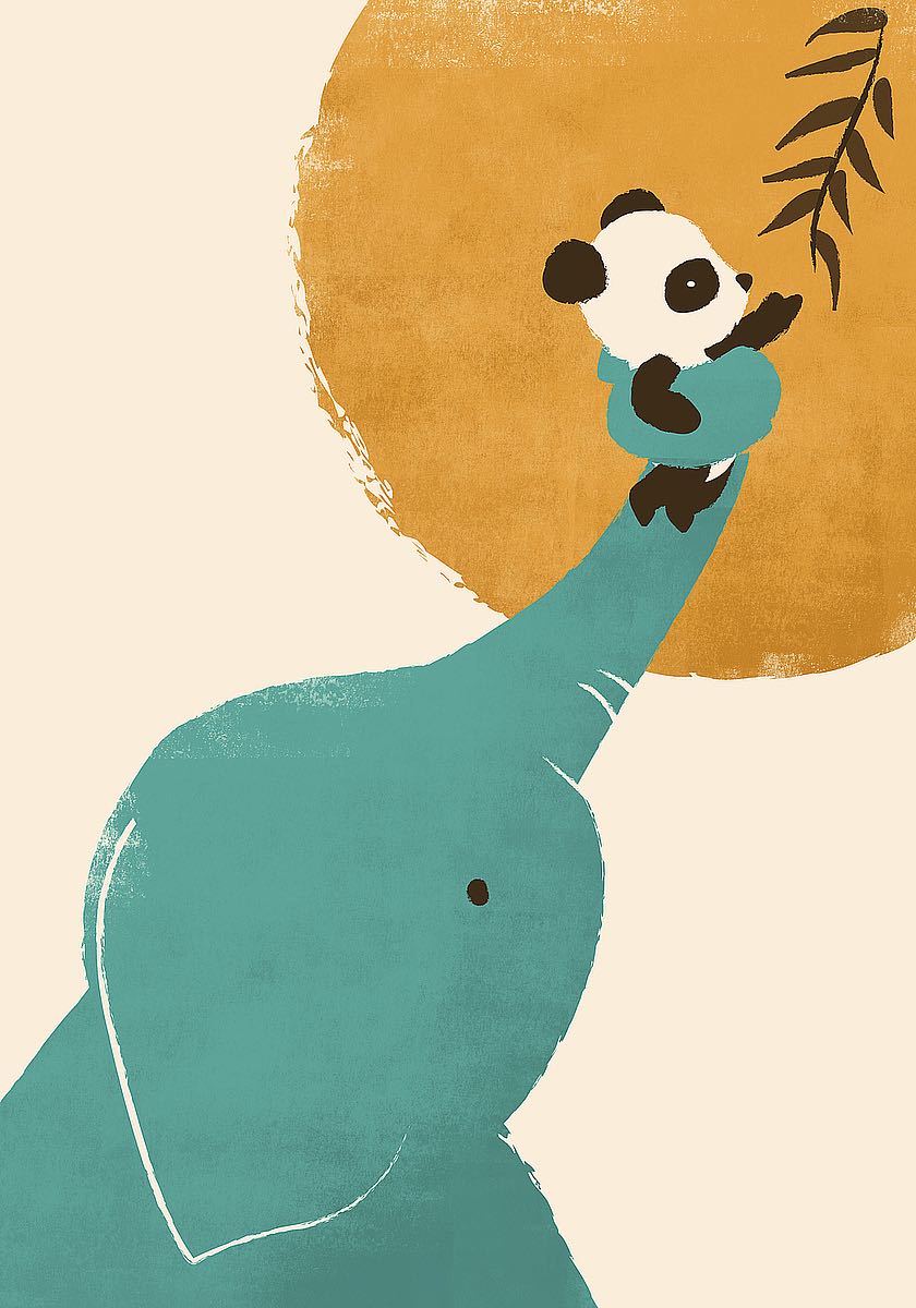 "Jay Fleck fine art print - Panda's Little Helper, a blue elephant gently lifts a baby panda up to reach a branch of bamboo with a golden sun glowing behind them, tender and whimsical"
Incurable Collector