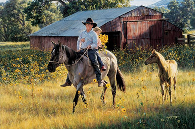 A boy in a cowboy hat rides a horse, a girl holding onto him and a bouquet of yellow flowers. They trot through tall, yellow grass. Another horse trots near them. A red barn stands in the background.