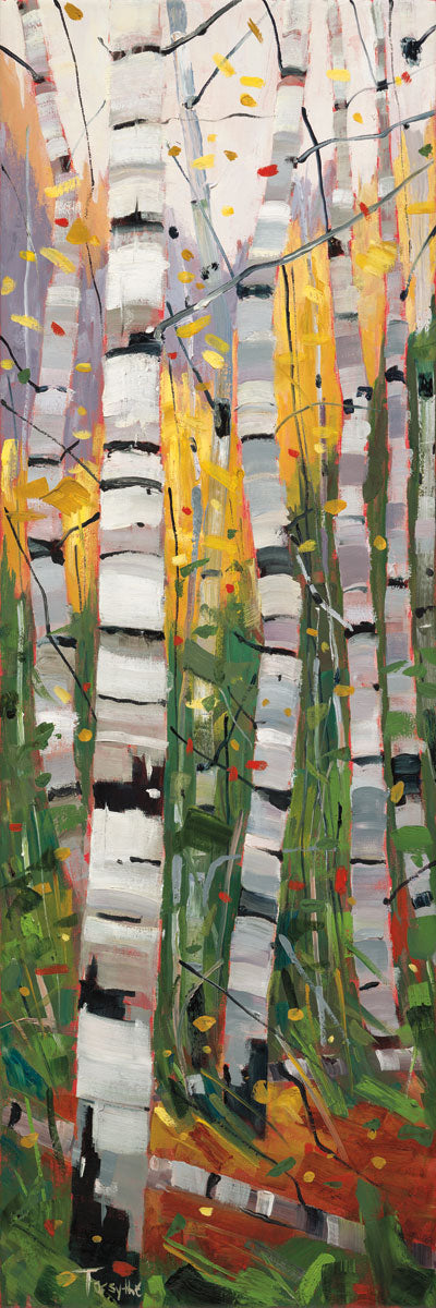 A series of impressionistic birch trees. Red and yellow leaves fall from the branches. Set against a pale sky, yellow foliage, green grass, and red soil.