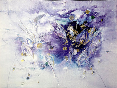 A blue and purple, splotchy abstraction with gold and silver decals on a pale background.
