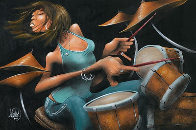 A tan woman in a blue outfit plays the drums and cymbals. Her hair flies around her face. Her and the drums' proportions are exaggerated. All set on a black background.