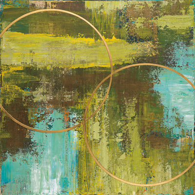 A blue and green abstract with two intersecting, gold rings. 
