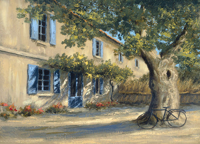 A beige building with a blue door and blue window shutters. A tree stands in the dusty yard. Lush, green leaves fill its branches. A bike rests against the trunk of the tree.