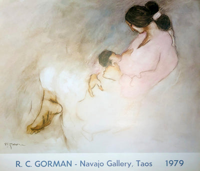 A woman with her hair tied back and in a pink shirt and white dress breastfeeds her dark haired child.  Dimensions: 22" x 25"