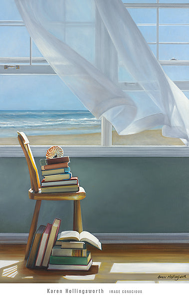 Stacked books with a nautilus shell on top sit on a wooden chair, more books stacked at the feet of the chair. They sit in a room looking out at a beach. White curtains blow in the wind from the open windows.