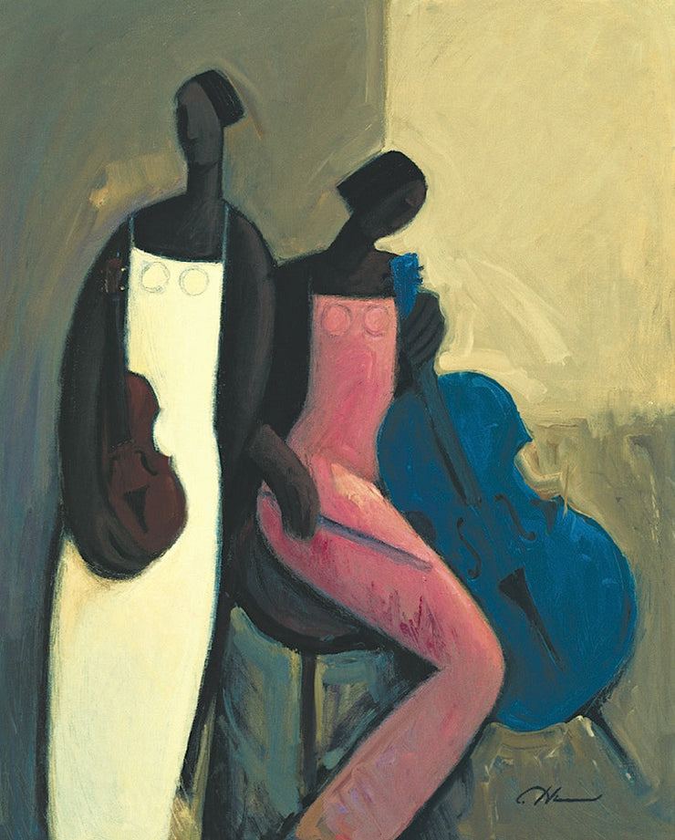 Two black women in long dresses with stringed instruments. The one in yellow stands and holds a violin. The one in red sits with a blue cello.