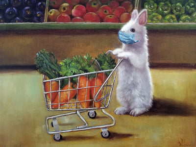 A white bunny pushes a grocery cart of carrots while wearing a blue medical mask. Produce can be seen in the background.