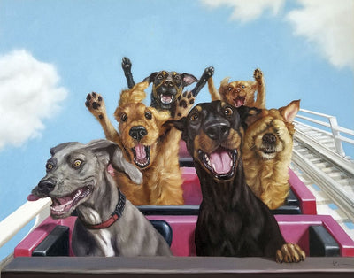 Portrait of six dogs ride a pink rollercoaster. Three have their paws raised in the air white one covers its eyes. One dog is front sticks out its head while the one next to it has its paw on the front. The sky is a baby blue with fluffy clouds.