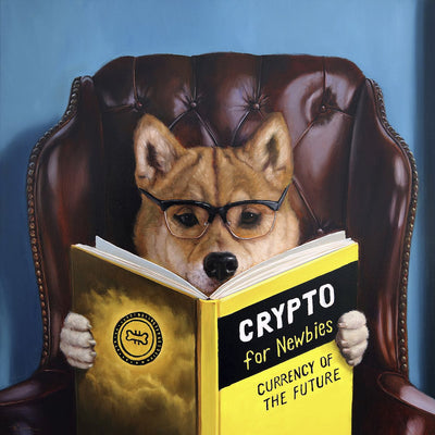 A Shiba Inu with glasses sits in a leather chair against a blue wall. The dog reads a book called "Crypto for Newbies; Currency of the Future."