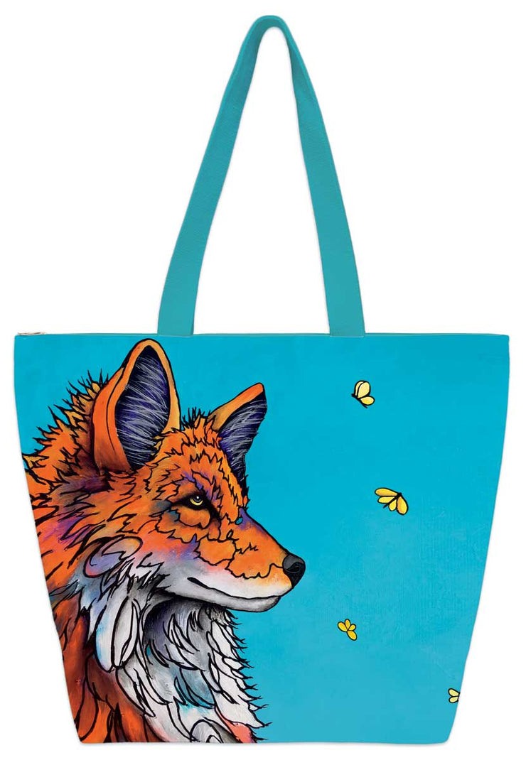 A fox watches yellow butterflies. Set on a teal background. Set on a Tote bag