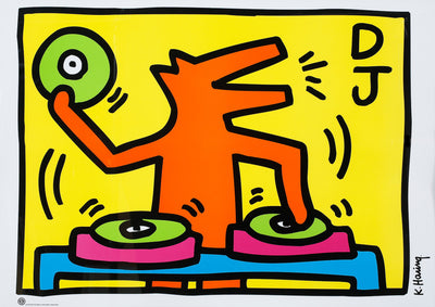 An orange canine disk jockey, who holds up a green vinyl disc. Everything has a bold, black outline. "DJ" is written in the top right corner. Set on a yellow background with a bold, black boarder.