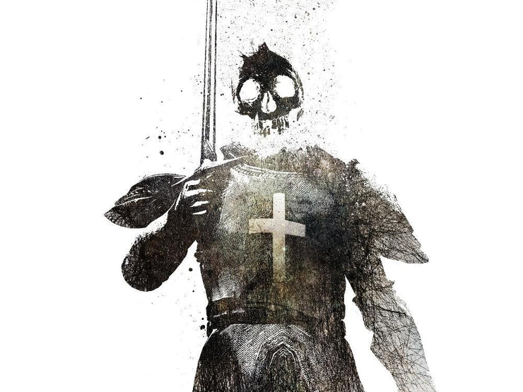 A medieval knight with their sword raised. They have a white cross on their chest. A skull floats where the knight&
