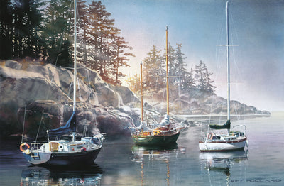 Three sailboats in a northern landscape scene of trees and water on a beautiful day with slight mist in the air