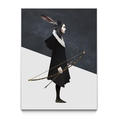 A young, pale woman with short brown hair and hare ears. She wears a black jacket with a white fur neck and black stockings. In her pale hand she holds a bow and arrow. She looks  and stands towards the right of the image. The background is a black box on a white one.