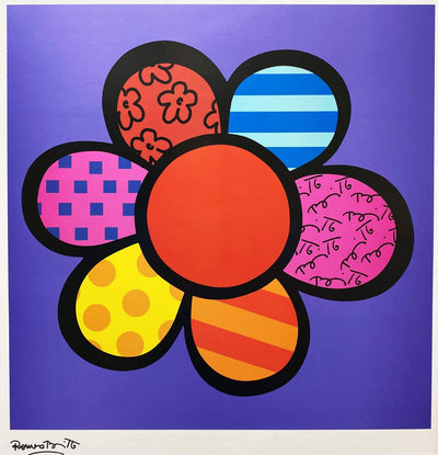 A colourful cartoon flower on a purple background. Six petals are attached to a red center. Each petal has a different pattern. The artist's signature is printed below the image.