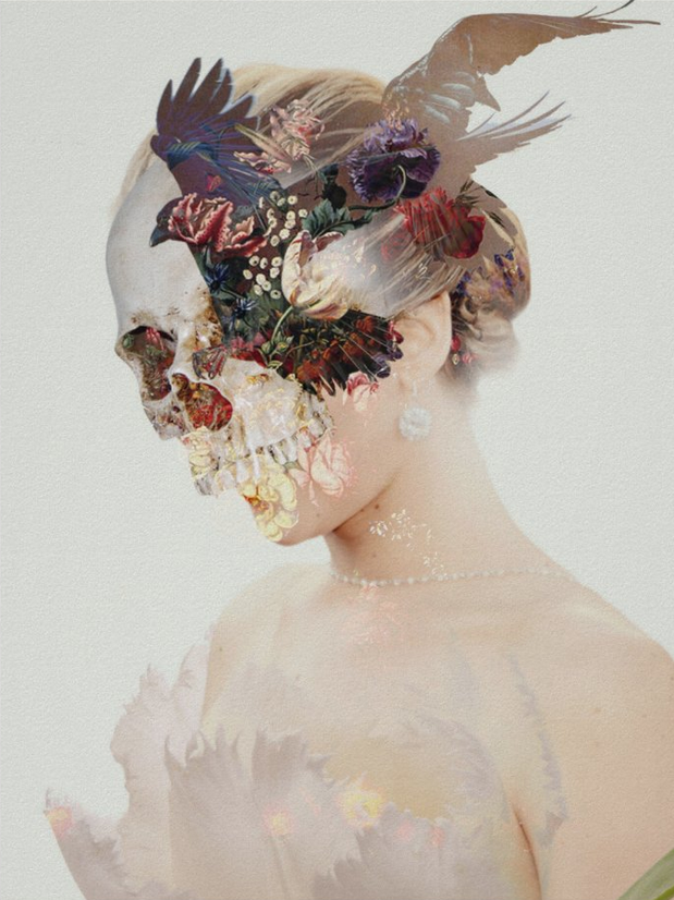 A woman from the chest up in a floral dress. Her face is covered by a photo collage of a skull, bird, and assorted flowers. Set on a white background.