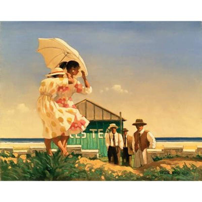 Two women in flowery dresses with an umbrella stand on a sand dune by a beach. Three men in suits and vests with hats come up from a beach house towards them.