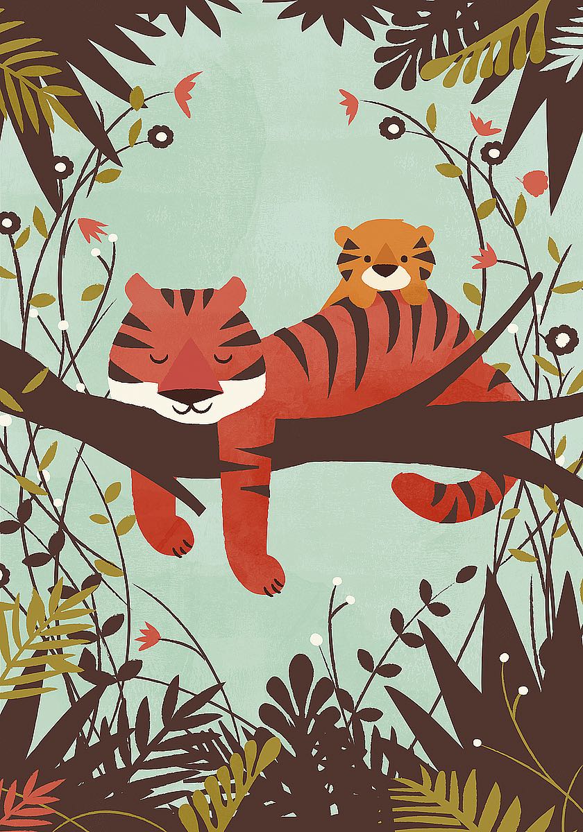 "Jay Fleck fine art print - Sleeping Tiger, a tiger sleeping peacefully on a branch in a lush jungle with its baby curled up on its back, tender and whimsical"
Incurable Collector