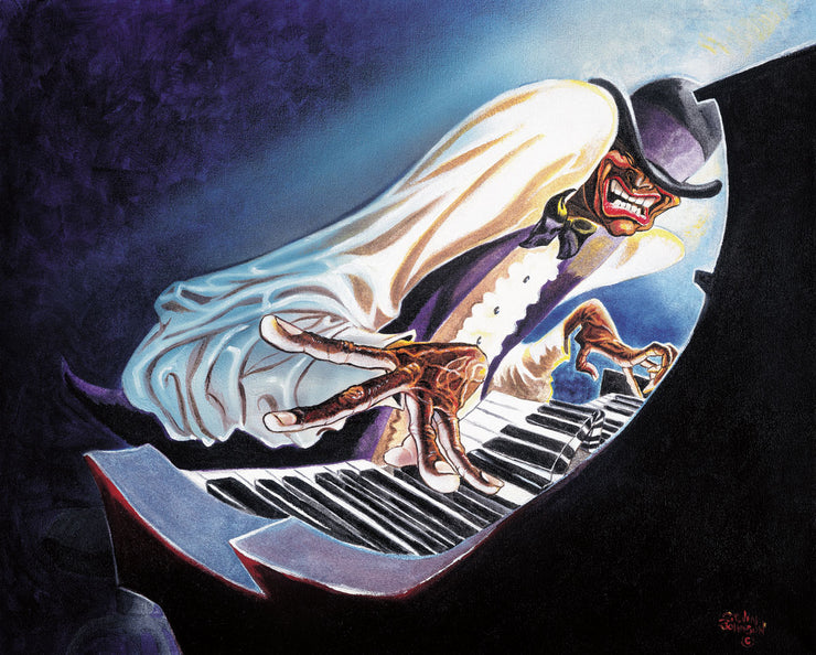 A black piano player in a puffy, white shirt. He wears a black bowler hat with a purple ribbon. His face contorts as he plays with the spotlight on him.