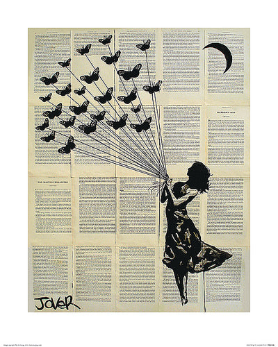 A silhouetted woman holds a bunch of butterflies by strings. A black crescent moon floats overhead. Set against a series of pages.