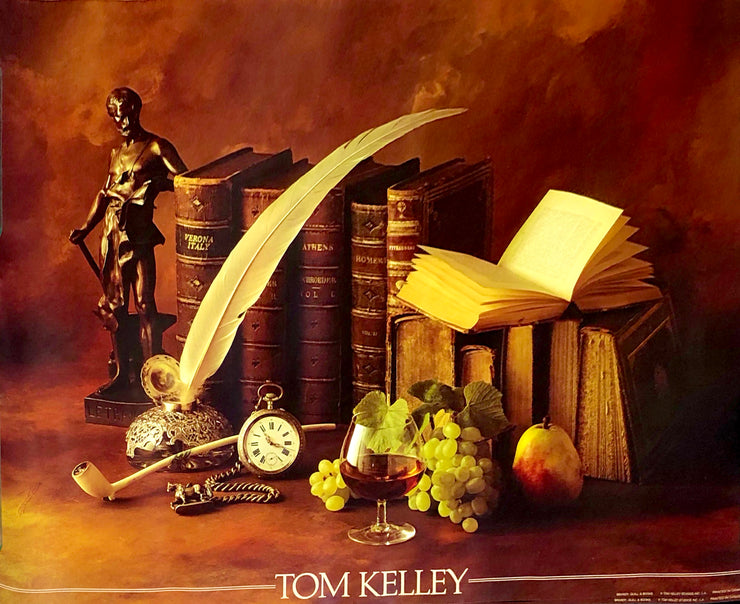 A still life photo. A bronze statue with a sword holds up 5 old books. A white feather quill sits in its ink basin. A chain watch sits in a slim, pale smoking pipe. A glass of wine or cider sits in front of green grapes, which have a fruit beside it. Behind them are five books with an open book resting on their spines. 