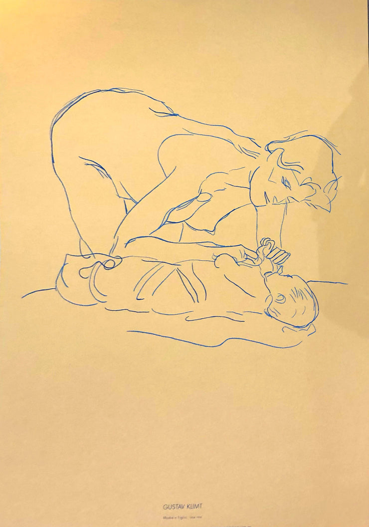 A rare serigraph printing.  On yellow paper with blue lines, a bent over woman with short hair holds a swaddled baby&