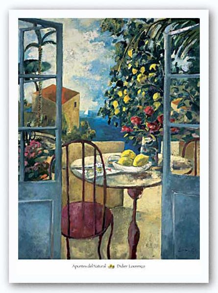 A cubist scene of a sunny, coastal porch viewed through two blue doors. There is a glass table with a bowl of lemons in it, and a chair next to the table. A lush bush is in the background, and a view of the sea.
