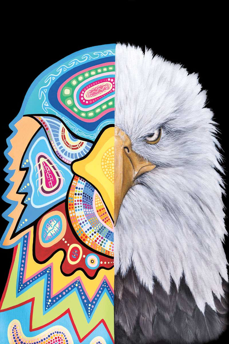 An eagle set on a black background. The left side is colourful and abstract. The right side is realistic.