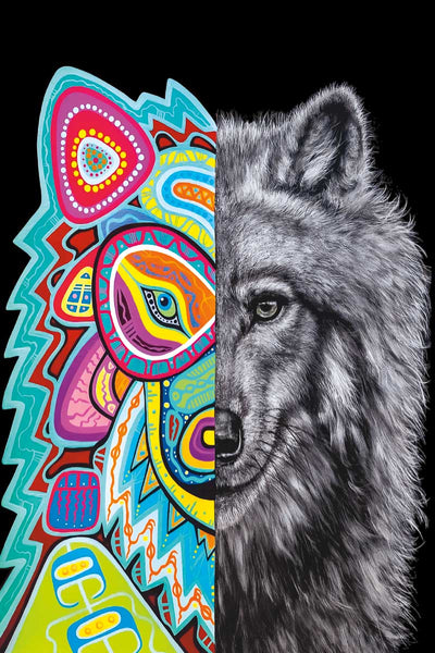 A wolf set on a back background. The left side is colourful and abstract. The right side is realistic.