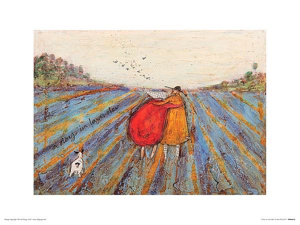 A man in an orange coat and a round woman in a red dress walk through a field of lavender with their white dog.