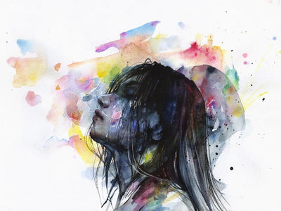 A crying woman with long dark hair. Colours float around her head. Set on a white background.