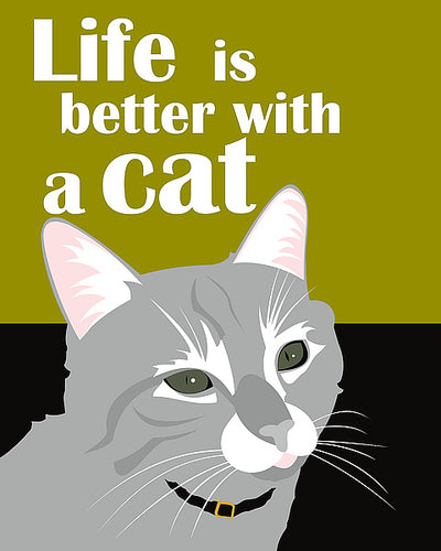 A Grey cat set on a green and black background. It has white fur around its eyes and nose. It wears a black collar. Image Text above cat: Life is better with a cat