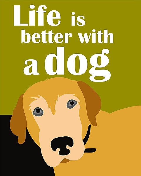 Image Text: Life is better with a dog  A blonde dog set on a green and black background. It wears a black collar.