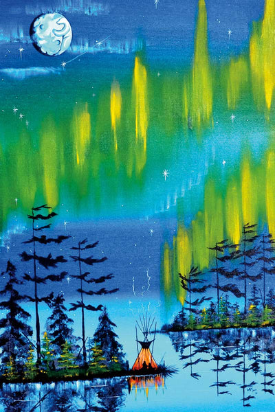 Two islands under green and yellow norther lights (aurora borealis). A firelit tipi sits on one of the islands. A full moon sits in the blue, night sky. 