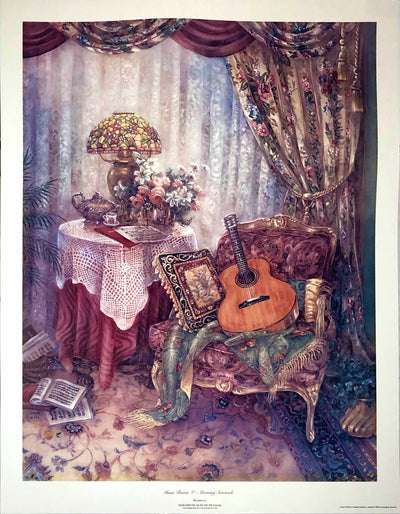 An illustration of a room with floral curtains and carpeting. There is a circular table with a red tablecloth and lace over it. A floral lamp and flowers sits on the table. A fancy, gilded chair sits next to the table, an acoustic guitar and regal pillows sitting in it.