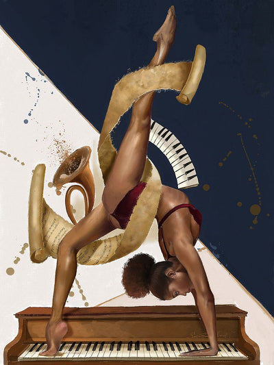 A black girl performs gymnastics on a piano. A scroll of music curls around her. Piano keys curl from one of her legs, a trumpet spitting gold paint sprouting from her other leg.