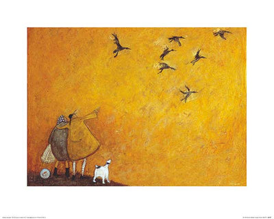 A man, his wife, his dog, and their goldfish watch birds in the golden sky. The man wears a mustard jacket and long brimmed hat. His wife wears a beige coat and polka-dot head scarf. Their dog is white with black ears. The fish swims in a bowl.