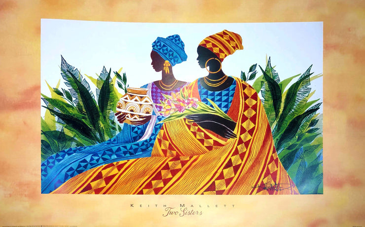 An illustration of two black women dressed in traditional clothing and headdresses sit together amongst plants. One wears blue and gold tear earrings and holds a pot. The other wears orange with a circular earring and holds flowers.  Dimensions: 36" x 24"