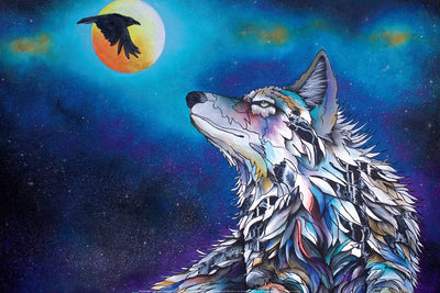 A wolf looks up into the night sky. A raven flies in front of the full moon.