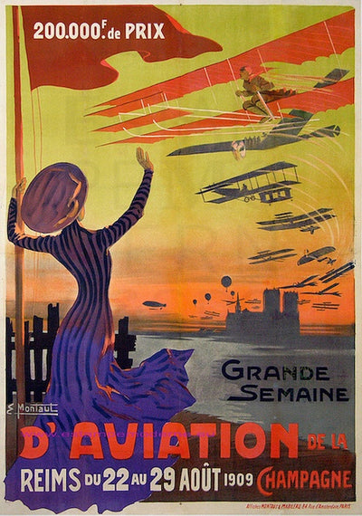 A woman in a stripped, purple dress and hat waves at the planes soaring above her. The planes fly into the sunset/rise. They are early airplanes, with a flimsy structure.
