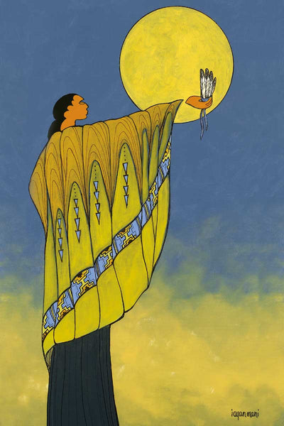 A person in yellow holds up feathers against the full, yellow moon.