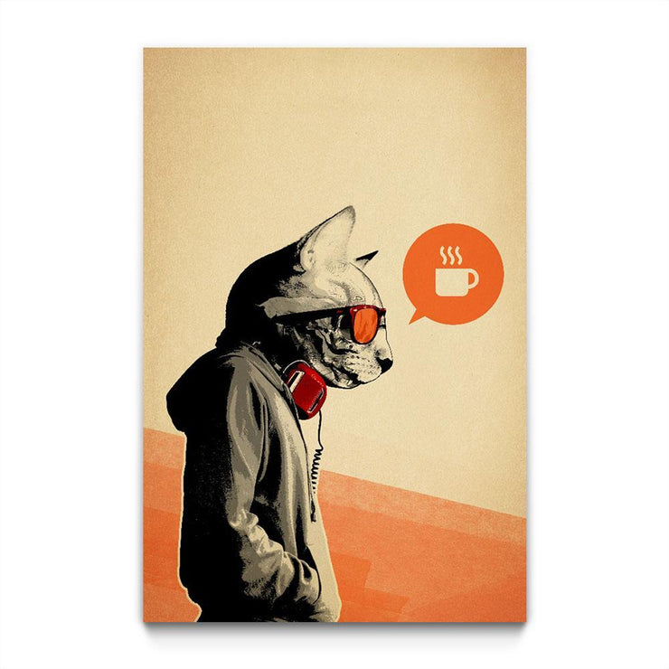 A cat person in a hoodie and sunglasses with red headphones around their neck. An orange speech bubble with a coffee mug with three wavy lines over it. A pale beige and orange background.