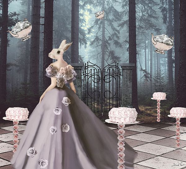 "Daniela Nocito fine art print - Cake Forest, a white rabbit figure in a grey dress standing on a checkered floor surrounded by cakes, with a gate leading to a dark mysterious forest ahead, surreal and dreamlike"
