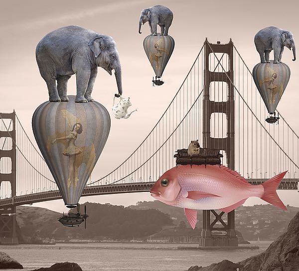 "Daniela Nocito fine art print - Tea Time, stylized elephants standing on hot air balloons with a large red fish swimming through the air carrying a sofa with a mouse on it, the Golden Gate Bridge in sepia tones in the background, whimsical and surreal"