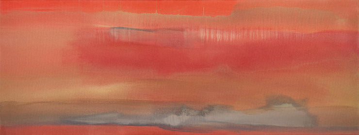 A red, abstract landscape. Made up of wisps of red, ocher, and grey.