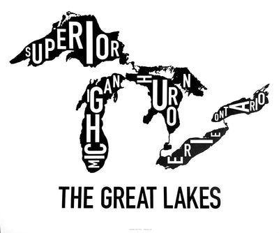 Map of the great lakes, but each lake's name is printed inside of it. Text saying The Great Lakes below image. black ink with white text on white paper. 